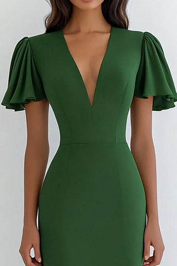 Green V-Neck Sheath Long Formal Dress with Ruffles